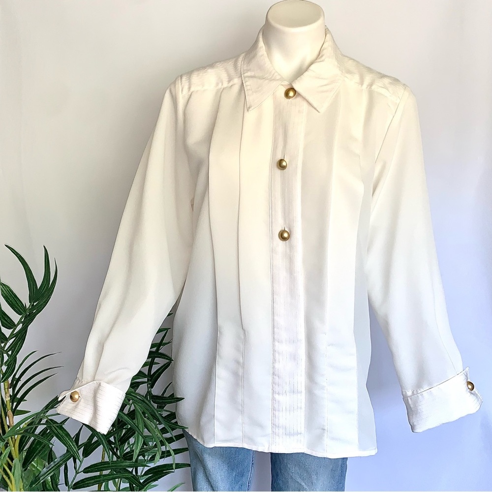 v i n t a g e :: Elegant Pleated Pinstripe Cufflink Satin Blouse - Picture 8 of 13